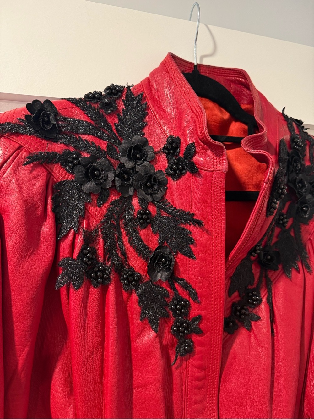 Red Vintage Leather Jacket with Embroidered Detail - Women - Picture 4 of 9